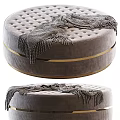 Round Tufted Gray Ottoman With Gold Metal Ring And Knitted Blanket Decoration