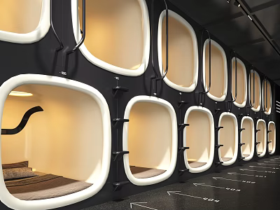 Neatly Arranged Modern Capsule Pods With White Frames Interior Lighting And Floor Arrows 3d model