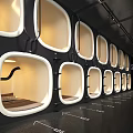 Neatly Arranged Modern Capsule Pods With White Frames Interior Lighting And Floor Arrows