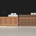 Modern Wooden Reception Desk With White Countertop Apple Devices And Hexagonal Pattern 3d model