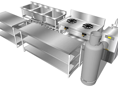Stainless Steel Commercial Kitchen Appliances With Sinks Gas Stoves Worktables And Cylinder 3d model