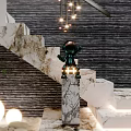 Modern Staircase Interior With Illuminated Marble Steps Hanging Lights And Stone Wall 3d model