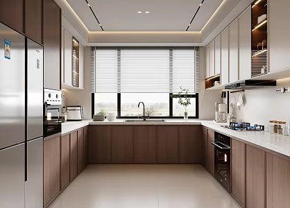 Modern Middle Style Kitchen Refrigerator Gas Stove Range Hood Kitchen Supplies Vase Oven Electrical Cabinet Vegetable Washing Basin U-shaped Kitchen 3d model