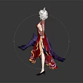 Game And Movie Female Character With White Fox Ears And Elegant Red Purple Dress