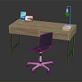 Wooden Office Desk With Black Chair Table Lamp Books Photo Frame And Tablet