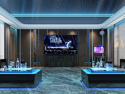 Modern Luxury KTV Interior With Large Screen Disco Ball Blue Lighting Tables And Bottles 3d model