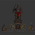 Cartoon Scene Of Mystical Castle With Spiked Roofs Red Windows And Golden Decorations