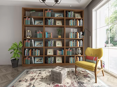 Wooden Bookcase Layered with Books Photo Frames Decorations Yellow Armchair Green Plant and Window Rug 3d model