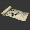 Traditional Chinese Scroll with Ink Bamboo Painting and Calligraphy on White Paper Against Dark Background