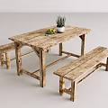 Rustic Wooden Dining Table with Benches Fruit Plate and Succulent Plant Decor