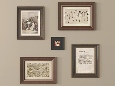 Wall Decor With Various Framed Artworks And Dark Brown Frames On Beige Wall 3d model