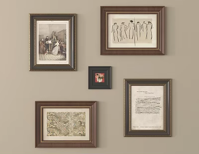 Wall Decor With Various Framed Artworks And Dark Brown Frames On Beige Wall 3d model