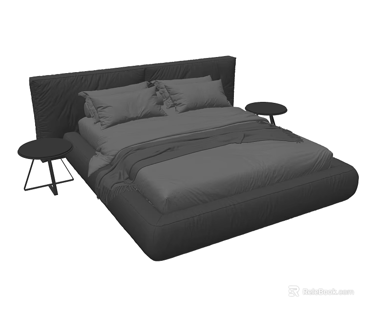 Modern Double Bed With Dark Headboard Pillows Bedding And Side Tables With Metal Frames 3d model