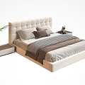 Double Bed Featuring White Upholstered Headboard Pillows Striped Blanket and Nightstands with Green Plant Figurine
