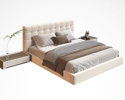 Double Bed Featuring White Upholstered Headboard Pillows Striped Blanket and Nightstands with Green Plant Figurine 3d model