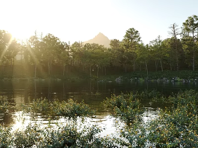Scenic Lake View With Sunlight Through Trees Mountain Backdrop And Calm Water Reflections 3d model