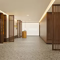 Modern Hotel Corridor Featuring Wooden Walls Curved Ceiling Hanging Pendant Lights And Sculpture Decor