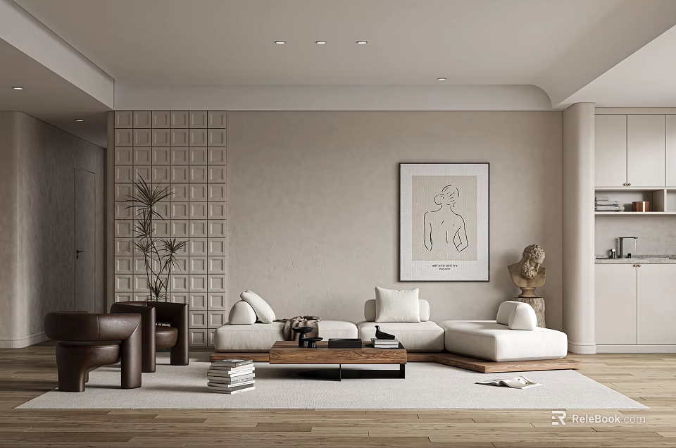 Modern Living Room Interior With L shaped Sofa Wooden Coffee Table Black White Line Art 3d model 