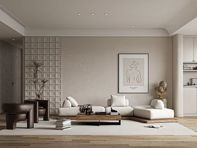 Modern Living Room Interior With L shaped Sofa Wooden Coffee Table Black White Line Art 3d model