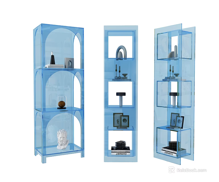 Modern Blue Transparent Acrylic Shelving Units Multi Tiered for Decorative Display with Ornaments Books Sculptures 3d model 