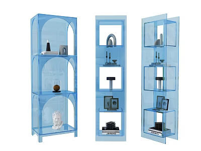 Modern Blue Transparent Acrylic Shelving Units Multi Tiered for Decorative Display with Ornaments Books Sculptures 3d model