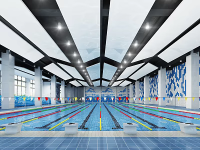 Indoor Swimming Pool With Modern Ceiling Lighting Multiple Lanes And Blue Water Design 3d model