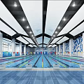 Indoor Swimming Pool With Modern Ceiling Lighting Multiple Lanes And Blue Water Design