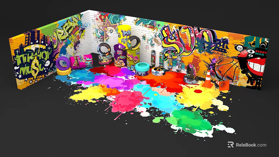 Vibrant Graffiti Wall Photo Spot With Splatter Paint Dolls And Basketball Decorations 3d model 