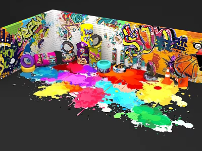 Vibrant Graffiti Wall Photo Spot With Splatter Paint Dolls And Basketball Decorations 3d model
