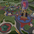Fun Amusement Park With Ferris Wheel Roller Coaster Carousel Colorful Paths Green Trees And Lake