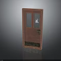 Vintage Brown Wooden Door With Double Glass Grid Panels Handle And Decorative Base