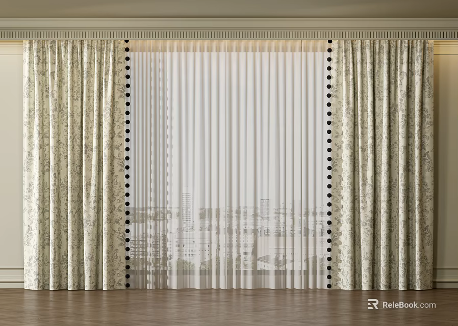 Elegant Floral Pattern Curtains With Sheer Overlay And Decorative Trim For Home Windows 3d model 