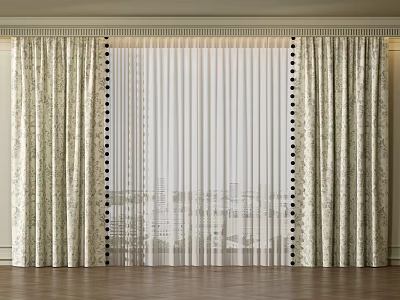 Elegant Floral Pattern Curtains With Sheer Overlay And Decorative Trim For Home Windows 3d model