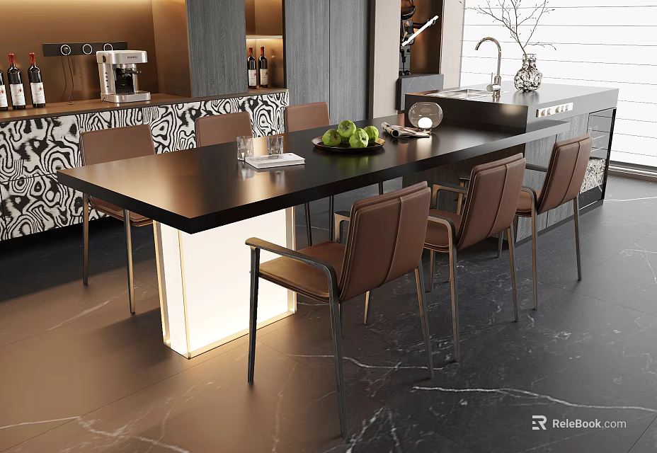Modern Black Dining Table With Brown Leather Chairs In Marble Floor Dining Area 3d model 