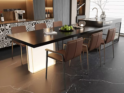 Modern Black Dining Table With Brown Leather Chairs In Marble Floor Dining Area 3d model