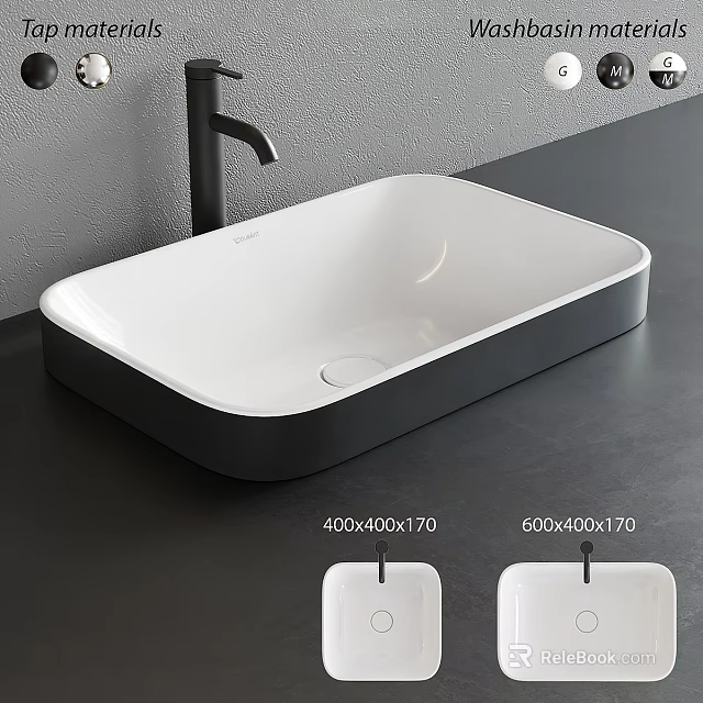 Modern White And Black Rectangular Washbasin With Two Sizes For Bathroom Countertop 3d model 