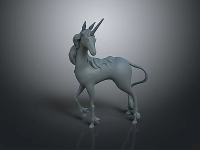 Gray Standing Unicorn 3D Model With Mane Horn And Dark Background Render 3d model