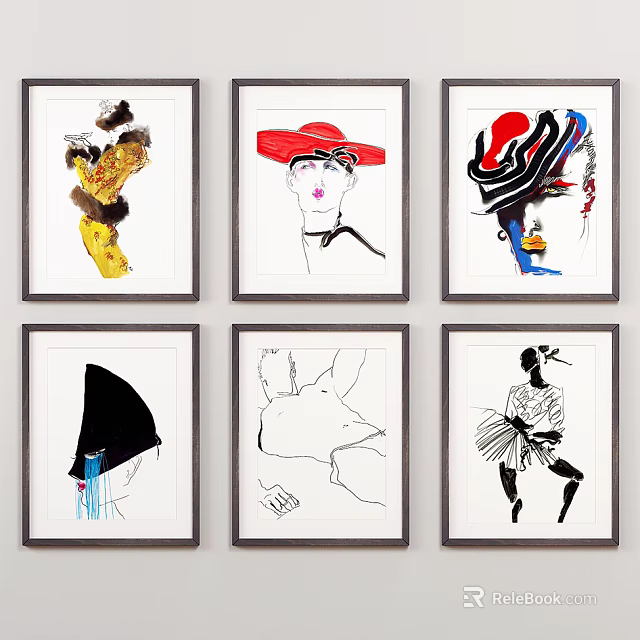 Framed Portrait Drawings With Various Fashion Styles And Colorful Artistic Elements 3d model 