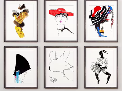 Framed Portrait Drawings With Various Fashion Styles And Colorful Artistic Elements 3d model