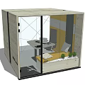Modern Modular Office Workspace With Glass Doors Desk Computer Yellow Walls And Plants