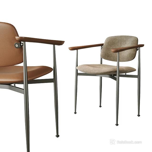 Modern Dining Chairs With Brown Leather And Beige Fabric Seats Wooden Armrests And Metal Legs 3d model 