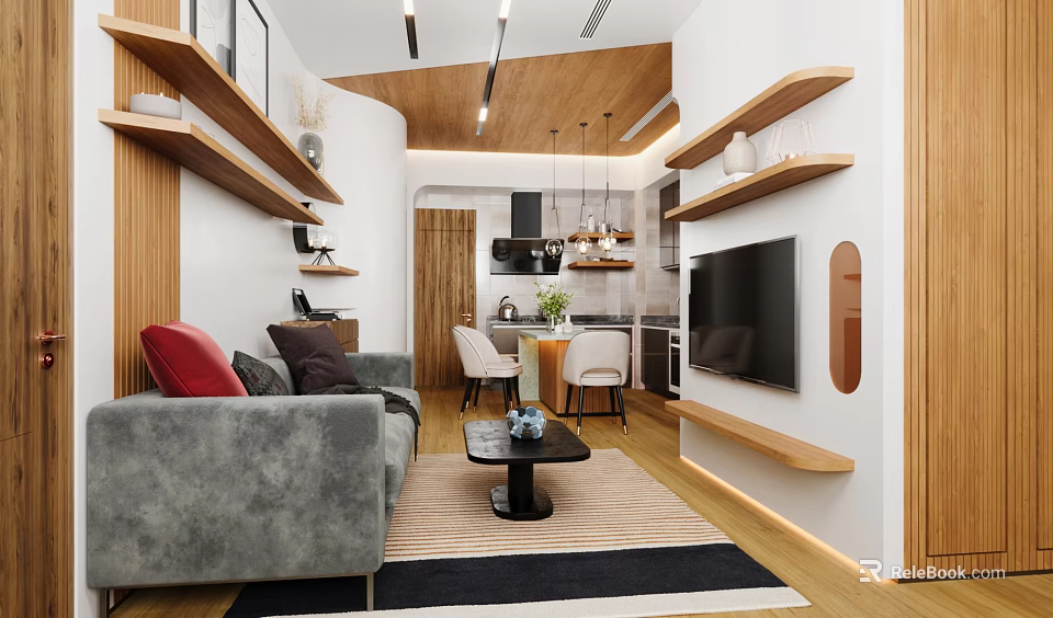 Modern Natural Wood Open Plan Living And Dining Room With Integrated Functional Kitchen Space 3d model 