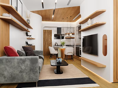 Modern Natural Wood Open Plan Living And Dining Room With Integrated Functional Kitchen Space 3d model