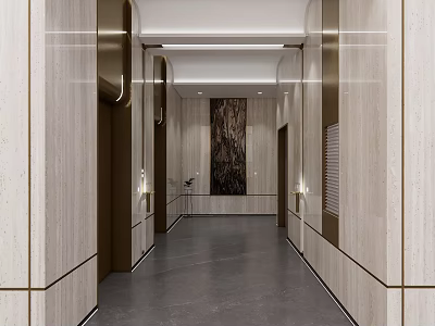 Elegant Modern Elevator Hallway With Light Stone Walls Gold Accents Dark Floor And Decorative Painting 3d model