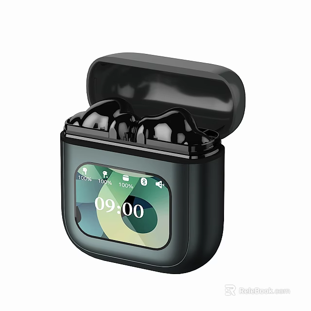 Wireless Business Earbuds Open Black Charging Case With Screen Displaying Time And Battery Icons 3d model 