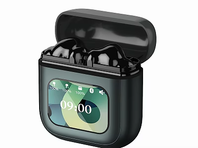 Wireless Business Earbuds Open Black Charging Case With Screen Displaying Time And Battery Icons 3d model