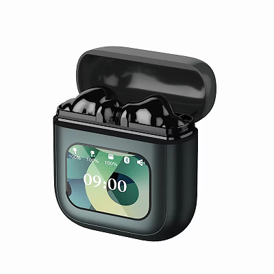 Wireless Business Earbuds Open Black Charging Case With Screen Displaying Time And Battery Icons 3d model