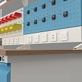 Functional Workbench With Wooden Countertop Blue Cabinets Drawers Upper Pegboard Shelving And Yellow Bins