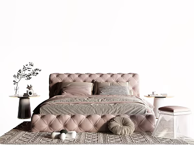 Luxury Pink Tufted Double Bed With Decorative Pillows And Bedside Stool 3d model