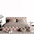 Luxury Pink Tufted Double Bed With Decorative Pillows And Bedside Stool